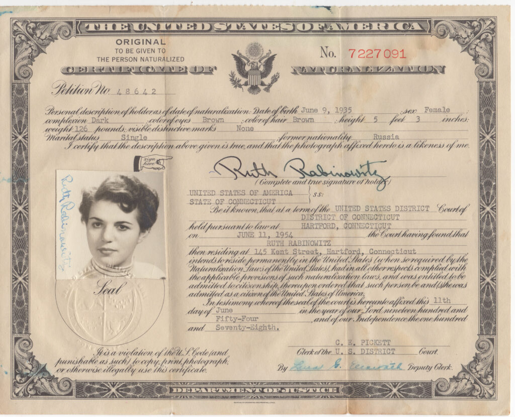 Certificate of Naturalization Ruth 1954